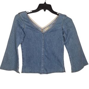Madewell ISKO Denim V Neck Top XXS Blue Stretch Bell Sleeve Cropped Blouse